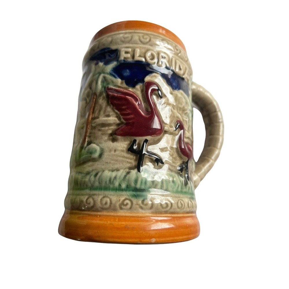 Vintage RARE Florida Souvenir Ceramic Stein Mug 5” Tall Flamingo, Palm Trees